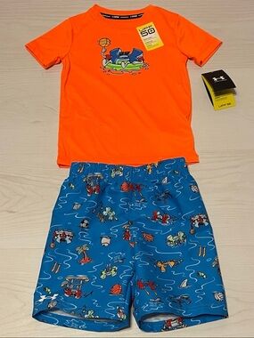Under Armour Orange Short Sleeve Swim Top with Blue Printed Swim Trunks